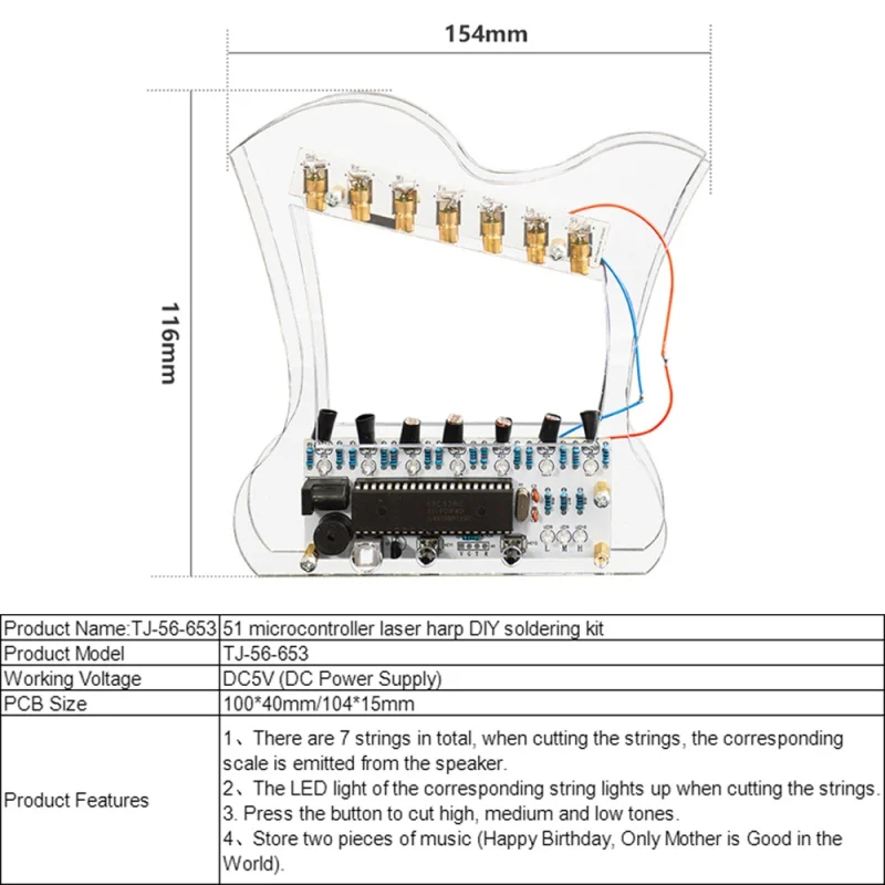 Kit electrónico de arpa láser DIY, microcontrolador 51 para fabricación electrónica, proyecto de soldadura de chatarra, arpa electrónica - imagen 4