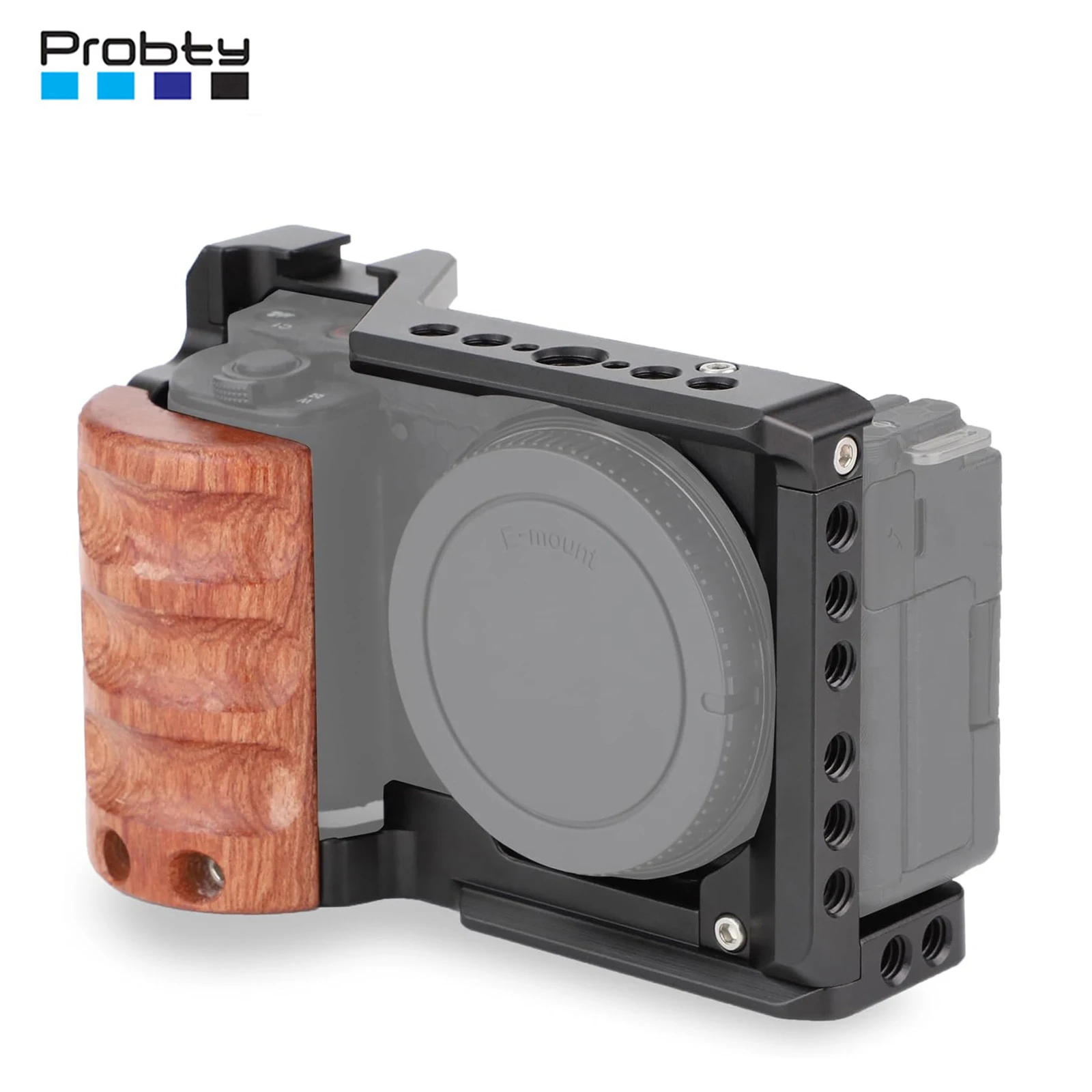 Jaula Probty ZV-E10 con mango de madera y orificios roscados integrados, zapata fría y placa de liberación rápida para cámara Sony ZV-E10