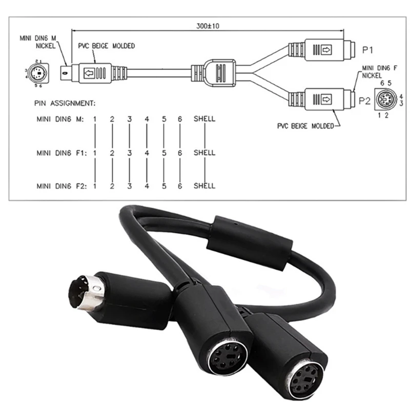 S-video Mini DIN divisor de 6 pines, adaptador en Y de 0,3 m, 1 Cable macho, 2 hembra, 6 pines PS/2 PS2, Cable de datos a interfaz de teclado Y ratón - imagen 5