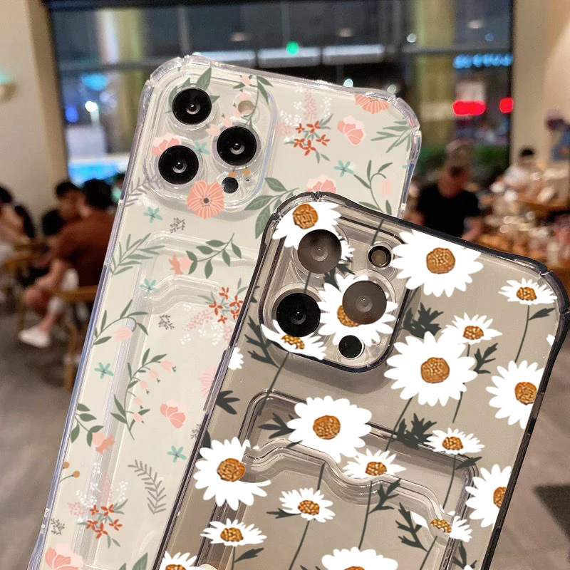Funda de teléfono transparente con flores rosas y blancas para iPhone 16 15 14 13 Pro Max 12 11 XS XR 7 8 Plus SE2, funda protectora de lente para tarjetas y billetera - imagen 4