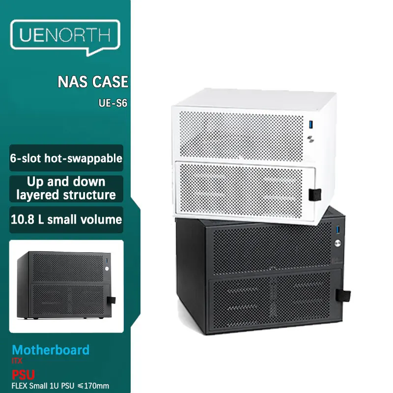 UENORTH UE-S6 chasis NAS de seis ranuras placa base itx servidor de almacenamiento de escritorio DIY caja pequeña con plano posterior compatible con intercambio en caliente
