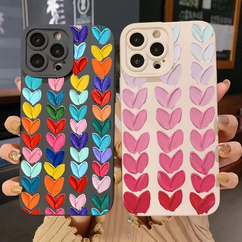 Funda de teléfono de silicona con pintura al óleo Love para iPhone, 11, 12, 13, 14, 15, 16 Pro Max, XS, XR, 7, 8 Plus, SE 2020, protección de lente de cámara
