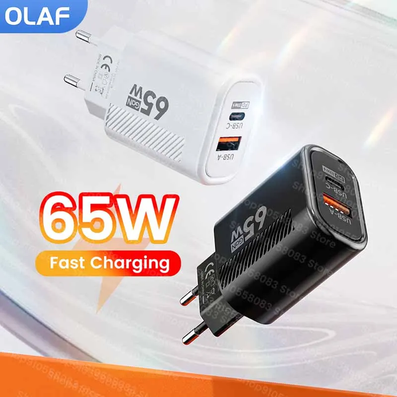 Cargador rápido GaN de 65W, adaptador de pared de carga rápida tipo C para Samsung, Xiaomi QC 3,0, USB C PD, enchufe europeo y estadounidense para iPhone