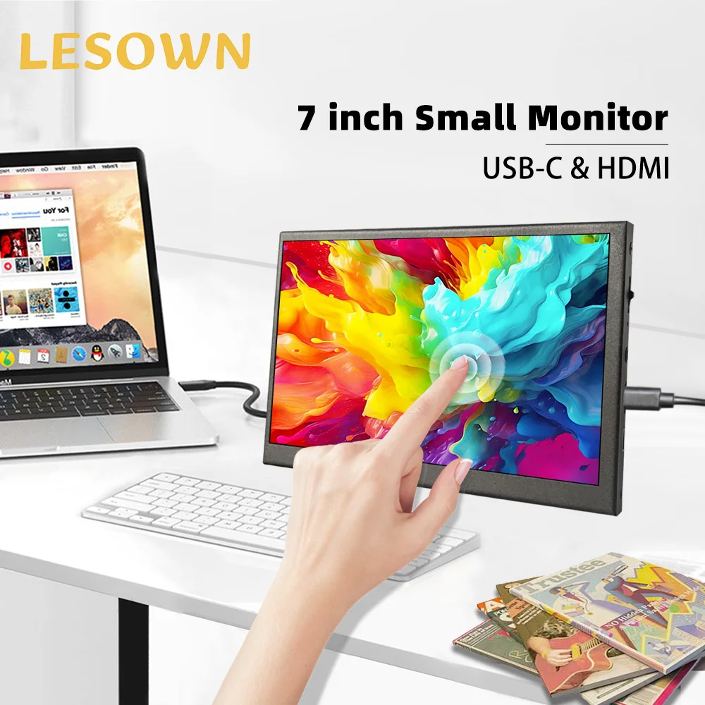 LESOWN Mini pantalla portátil 7 pulgadas 1024 × 600 IPS HDMI tipo C pantalla táctil Monitor compacto pantalla adicional lateral para ordenador portátil Raspi Xbox