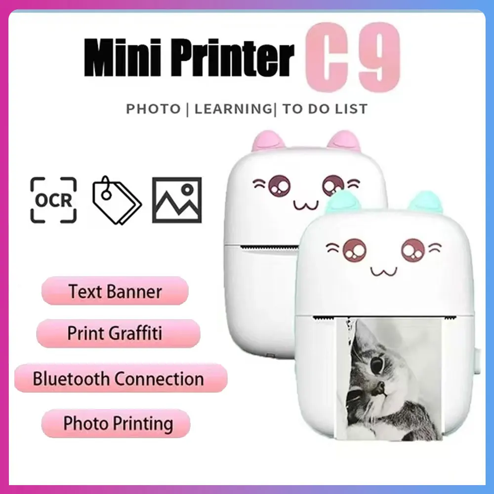 Mini impresora térmica C9 inalámbrica BT 200dpi, etiqueta fotográfica, notas, pregunta incorrecta, etiqueta de impresión, impresora Bluetooth, Cable USB portátil - imagen 3