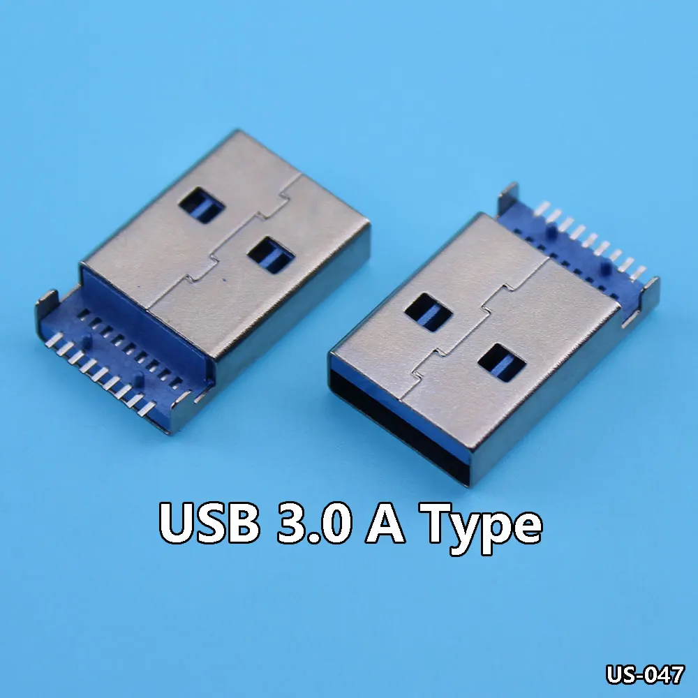 Parche de placa de hundimiento USB 3,0 AM, conector tipo A SMT de 180 grados, interfaz macho, toma plana de pie cuadrado 9P, 5-10 piezas