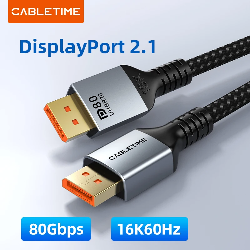 Cable CABLETIME 16K DisplayPort DP 2,1 8K @ 120Hz 4K @ 240Hz 80Gbps HDR Cable de Audio y vídeo para cámara HDTV proyector puerto de visualización de PC