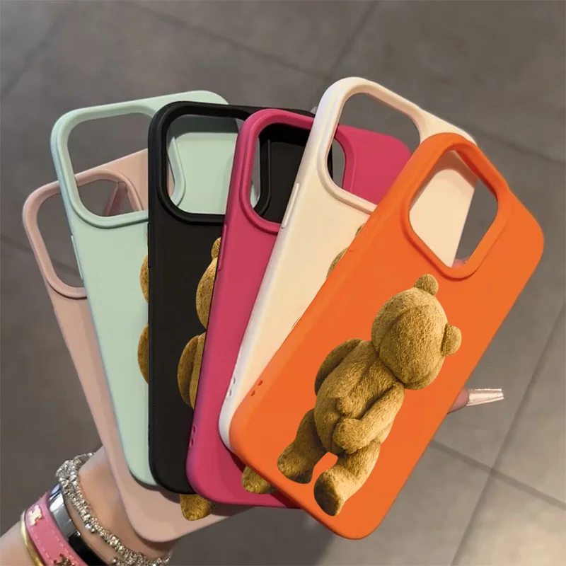 Funda de teléfono anticaída esmerilada con patrón de lichi para iPhone 16 Pro Max 15 14 13 12 11 XS Max X XR 16 Plus con funda con estampado de oso de peluche - imagen 2