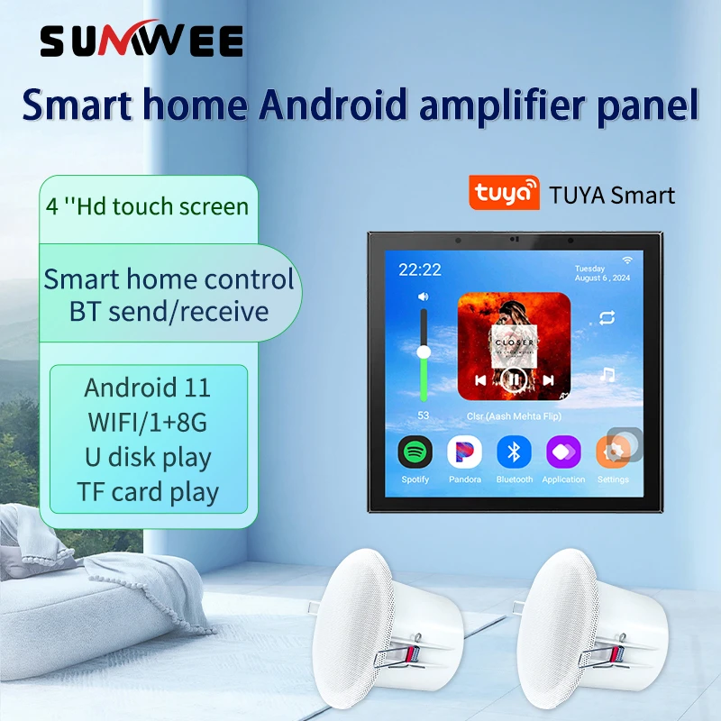 Amplificador de audio en pared para hogar inteligente, sistema Android 11, pantalla táctil de 4 pulgadas, amplificador WiFi Tuya, Panel de sonido con Control remoto Alexa
