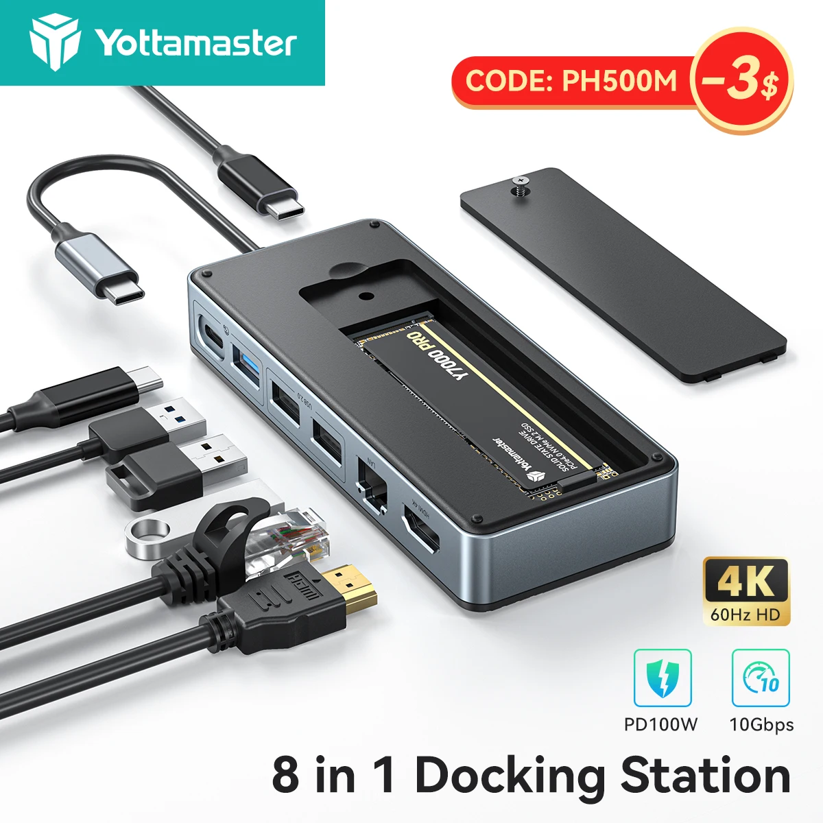 Yottamaster 8 en 1 USB 3,2 HUB M.2 SSD carcasa tipo C 10Gbps HUB adaptador Gigabit Ethernet 4K HDMI PD100W compatible con NVME SATA SSD