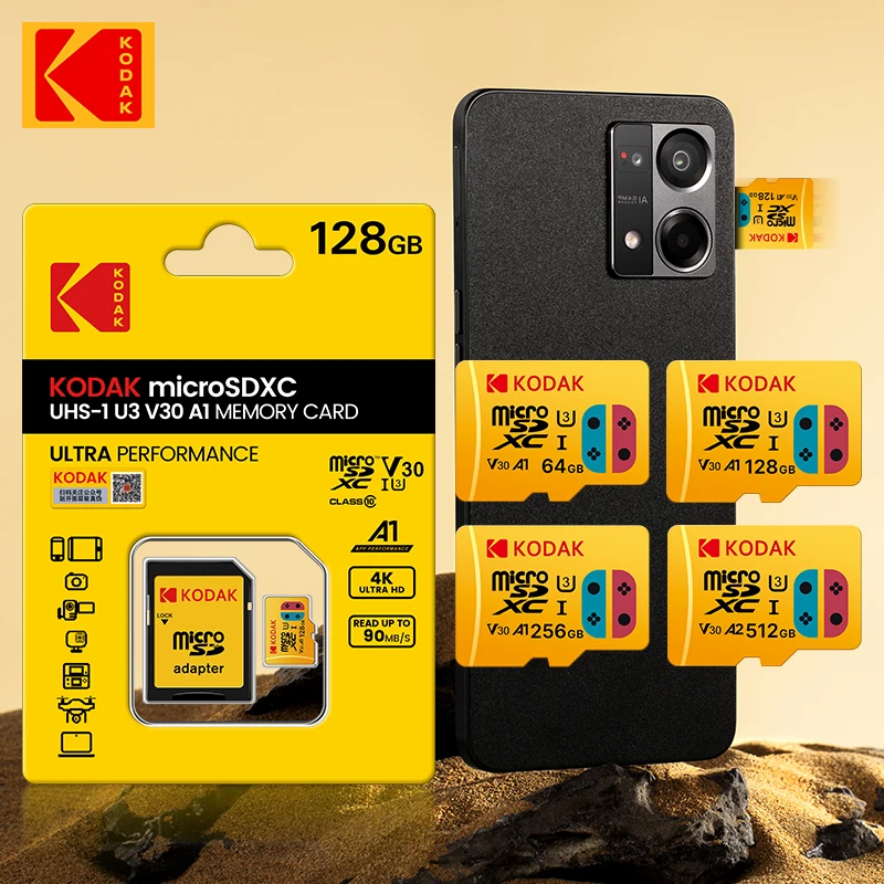 Tarjeta de memoria Micro SD KODAK 128GB 256GB 512GB A2 hasta 100MB/s Class10 U3 tarjeta microsd TF 4K HD para teléfono de monitoreo de juegos - imagen 3