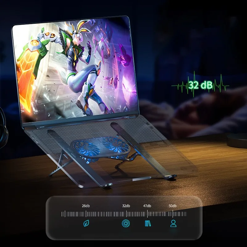 Soporte de Base para enfriador de ordenador portátil, ventilador doble, plegable, almohadilla de enfriamiento de aleación de aluminio, soporte ajustable portátil para Macbook - imagen 3