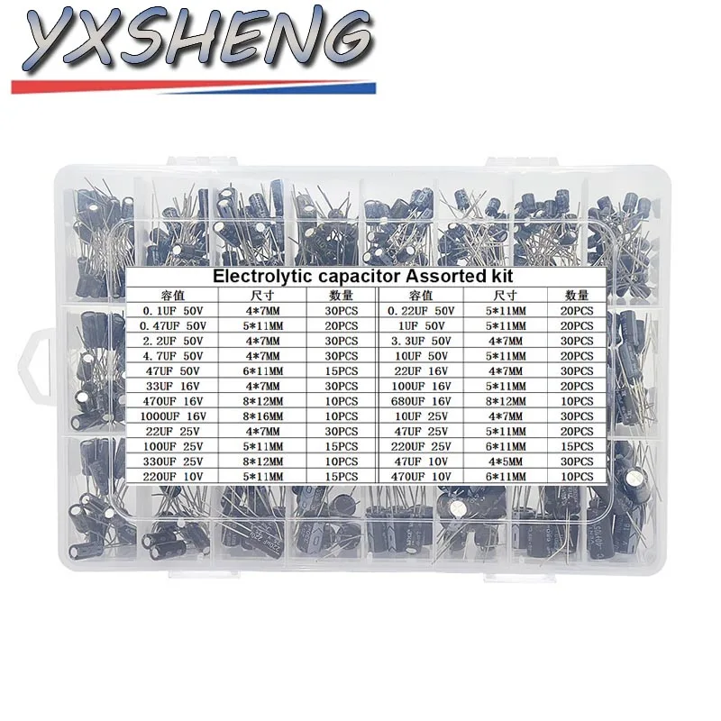500 unids/set con caja 0,1 UF-1000 UF 24 valores condensadores electrolíticos de aluminio 10-50 V mezcla de condensadores electrolíticos Kit surtido