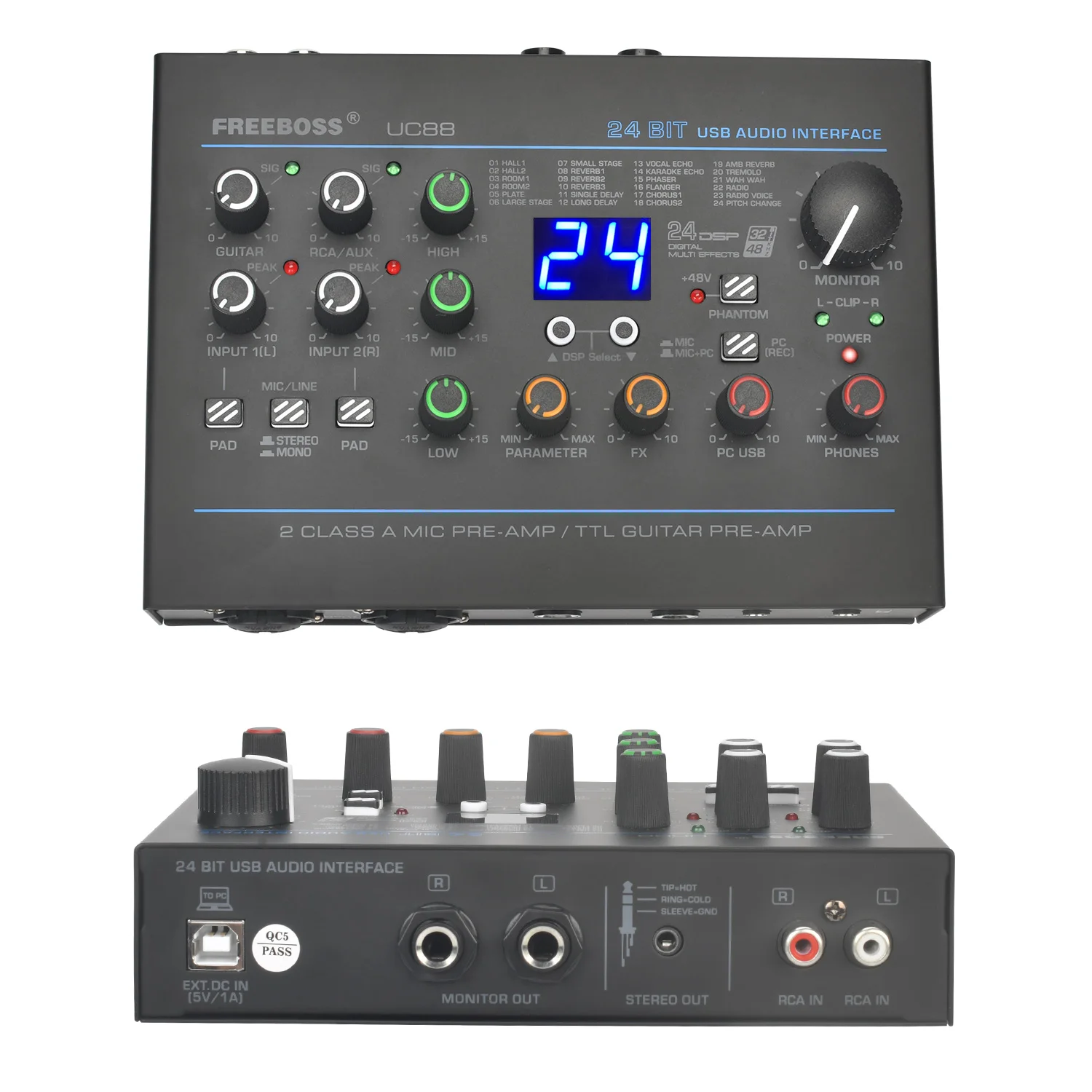 Tarjeta de sonido Freeboss de 24 efectos, grabación EQ de 48KHz, 2 entradas de micrófono XLR, estéreo, PC, 48V, interfaz de Audio externa para guitarra para Mac OS UC88 - imagen 2