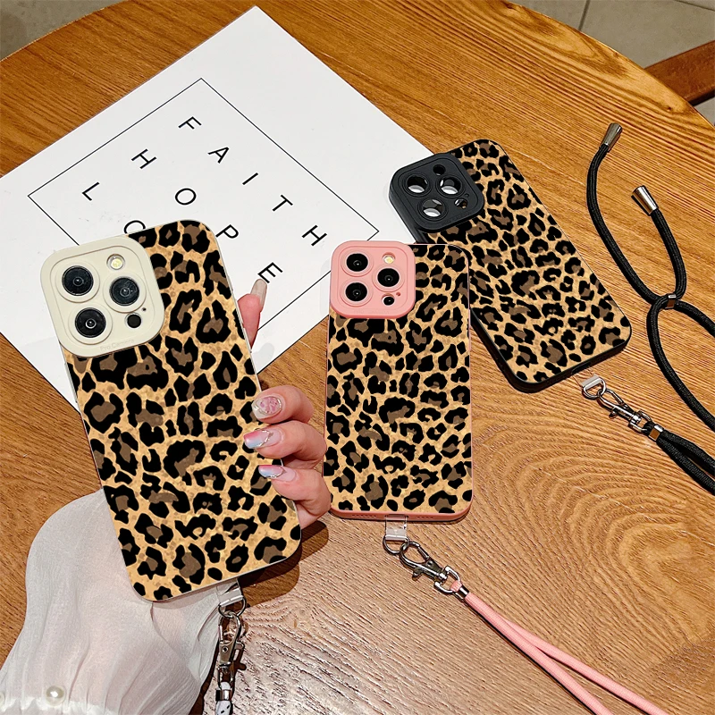 Funda de teléfono con correa de leopardo marrón para Xiaomi Redmi Note 13 12 11 Pro Plus 12S 11S 11 10S 10 Redmi 12C 13C, funda de silicona - imagen 2