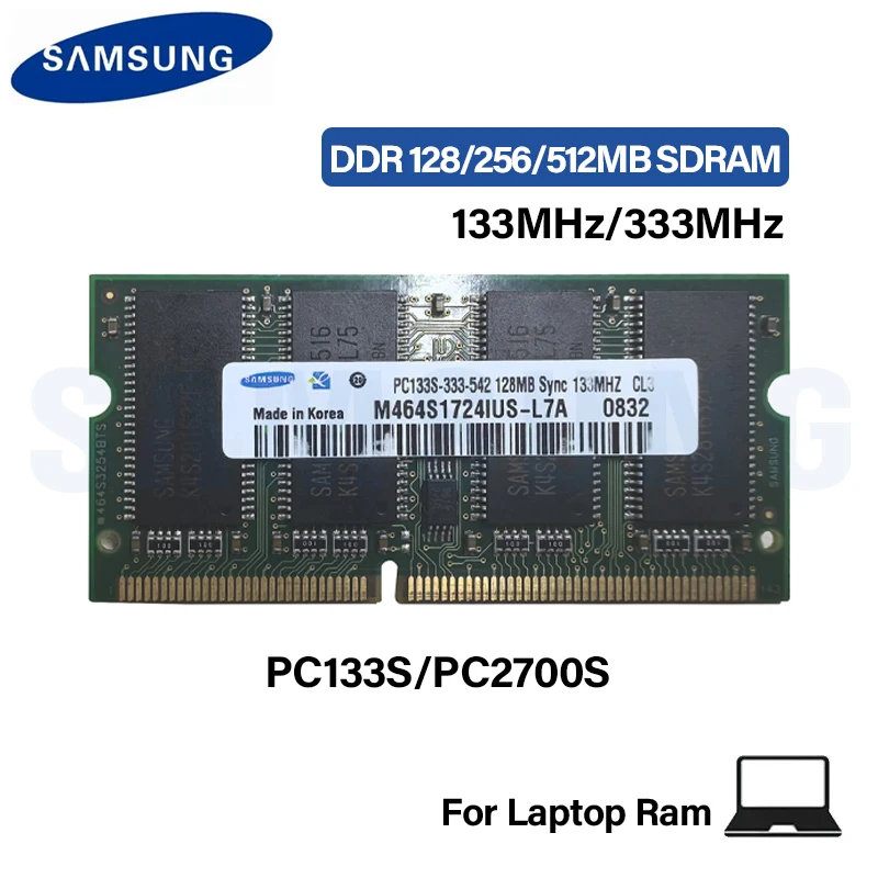 Samsung Laptop SDRAM DDR 128MB 256MB 512MB 133MHz 333MHz PC133S PC2700S no ECC sin búfer 3,3 V memoria para portátil de 144 pines