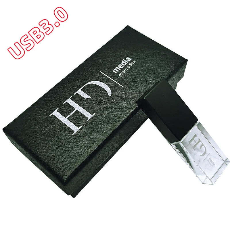 Unidad flash de alta velocidad USB3.0 de cristal de metal negro con logotipo de impresión en color personalizado gratis y caja negra de 8GB 16GB 32GB 64GB 128GB
