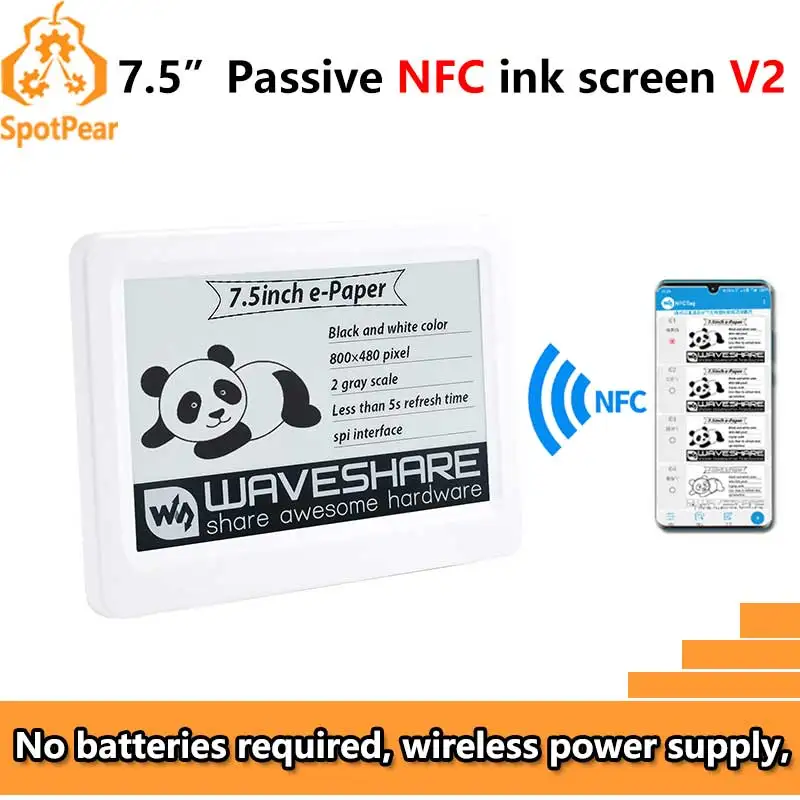 Pantalla pasiva NFC e-paper V2 BW de 7,5 pulgadas, pantalla de tinta electrónica de 7,5 pulgadas, sin necesidad de batería, transferencia de datos alimentada por inalámbrica para aplicación móvil