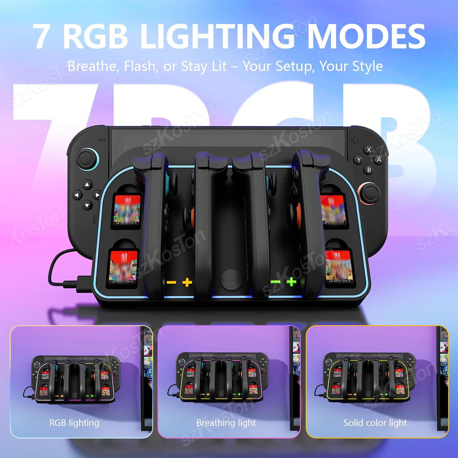 Estación de carga de soporte de pared 4 en 1 para Switch 2 Joycon, modos RGB, soporte de base de carga de luz para accesorios de juego Switch2 - imagen 4