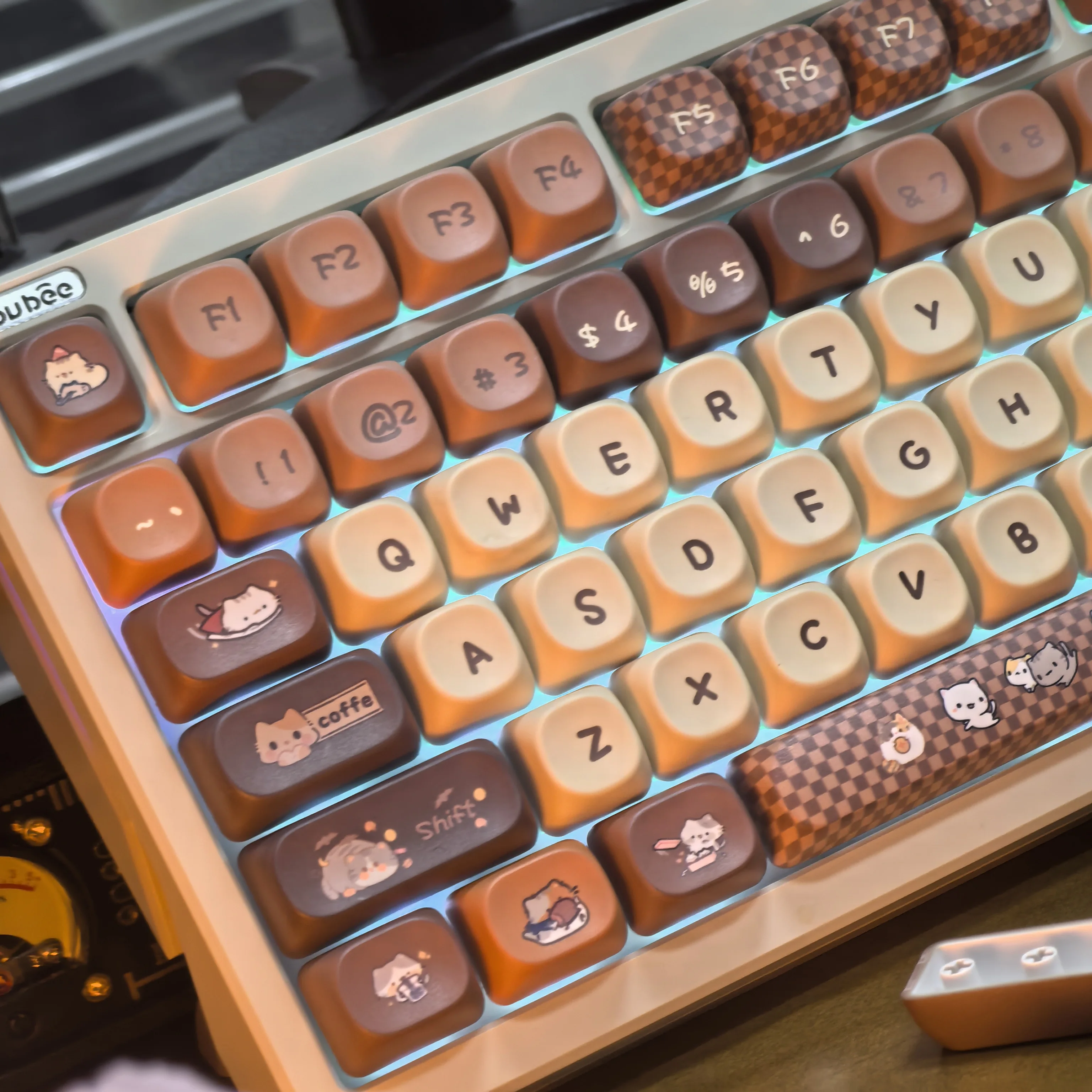 Moa Keycaps lindo gato Retro café Pbt marrón pata de gallo Diy para Aula 75 Teclado mecánico Diy Keycaps 2,25/2,75u barra espacial - imagen 4