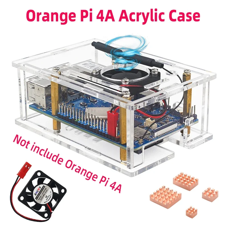 Caja acrílica Orange Pi 4A, carcasa transparente, soporte, ventilador de refrigeración, disipadores de calor opcionales para OPI 4A (sin placa base)
