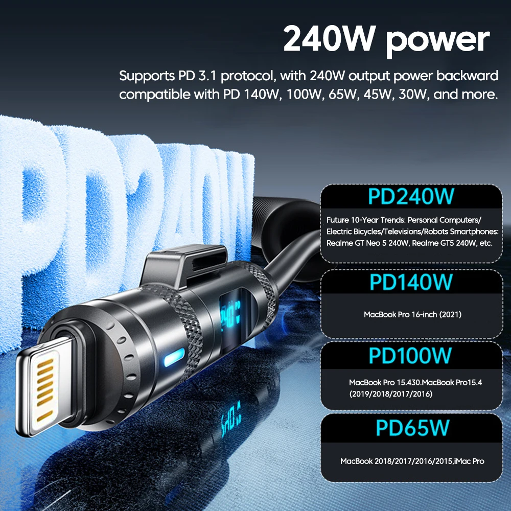 Cable de datos de carga rápida para teléfono móvil, telescópico, 240W, 4 en 1, para iPhone, Samsung, tipo C a USB C, con pantalla Digital - imagen 3