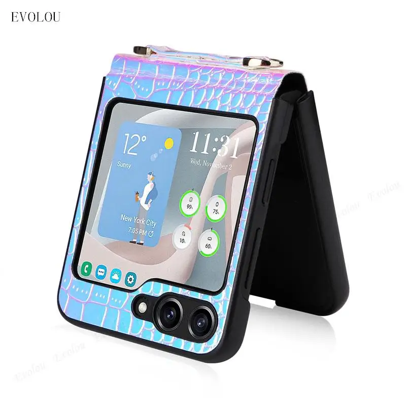 Funda de cuero con correa para Samsung Galaxy Z Flip 5 Flip5, carcasa dura a prueba de golpes, de lujo - imagen 2