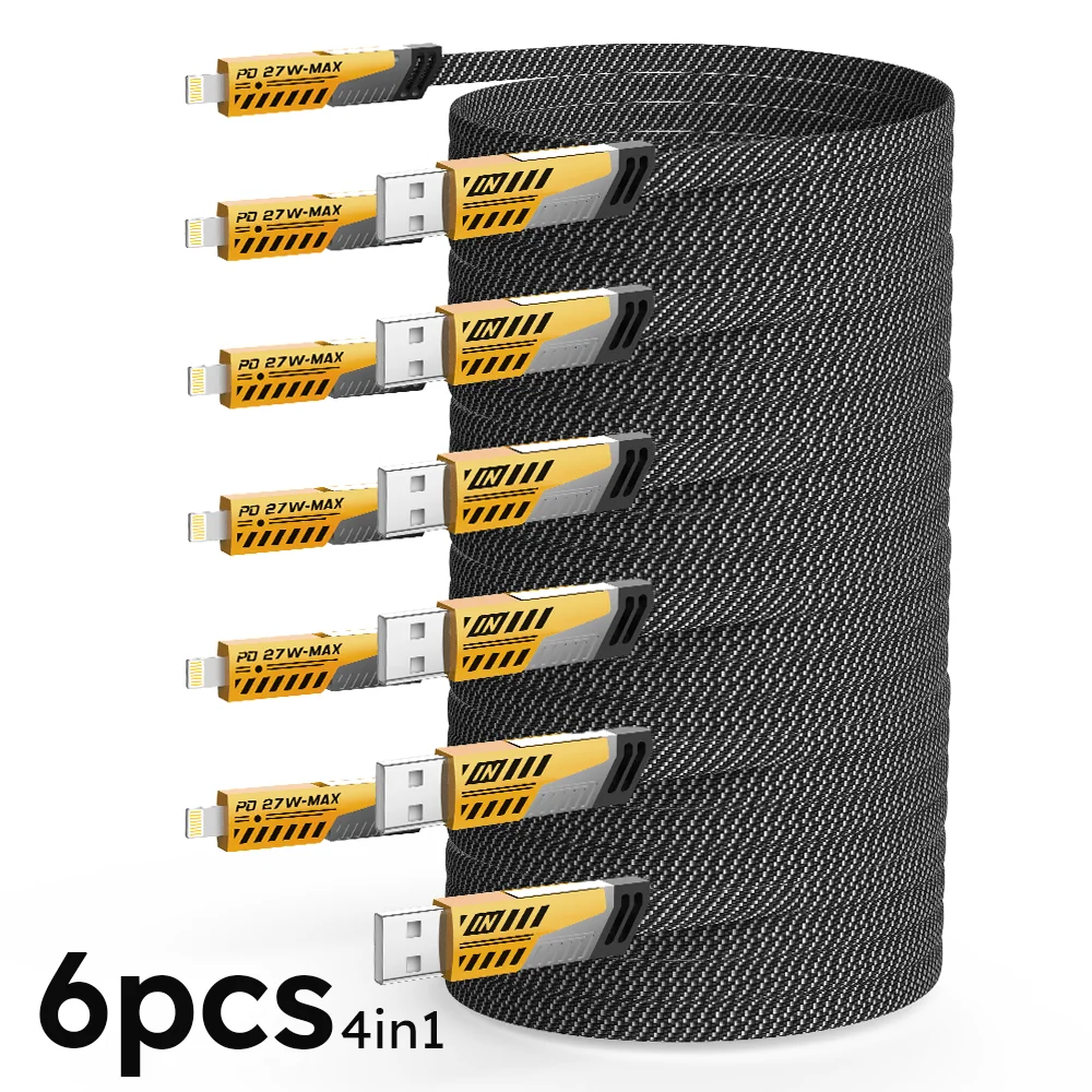 6 uds 4 en 1 65W cable USB de carga rápida tipo C Usb Micro para Iphone Samsung Huawei Xiaomi cable de carga múltiple de múltiples puertos