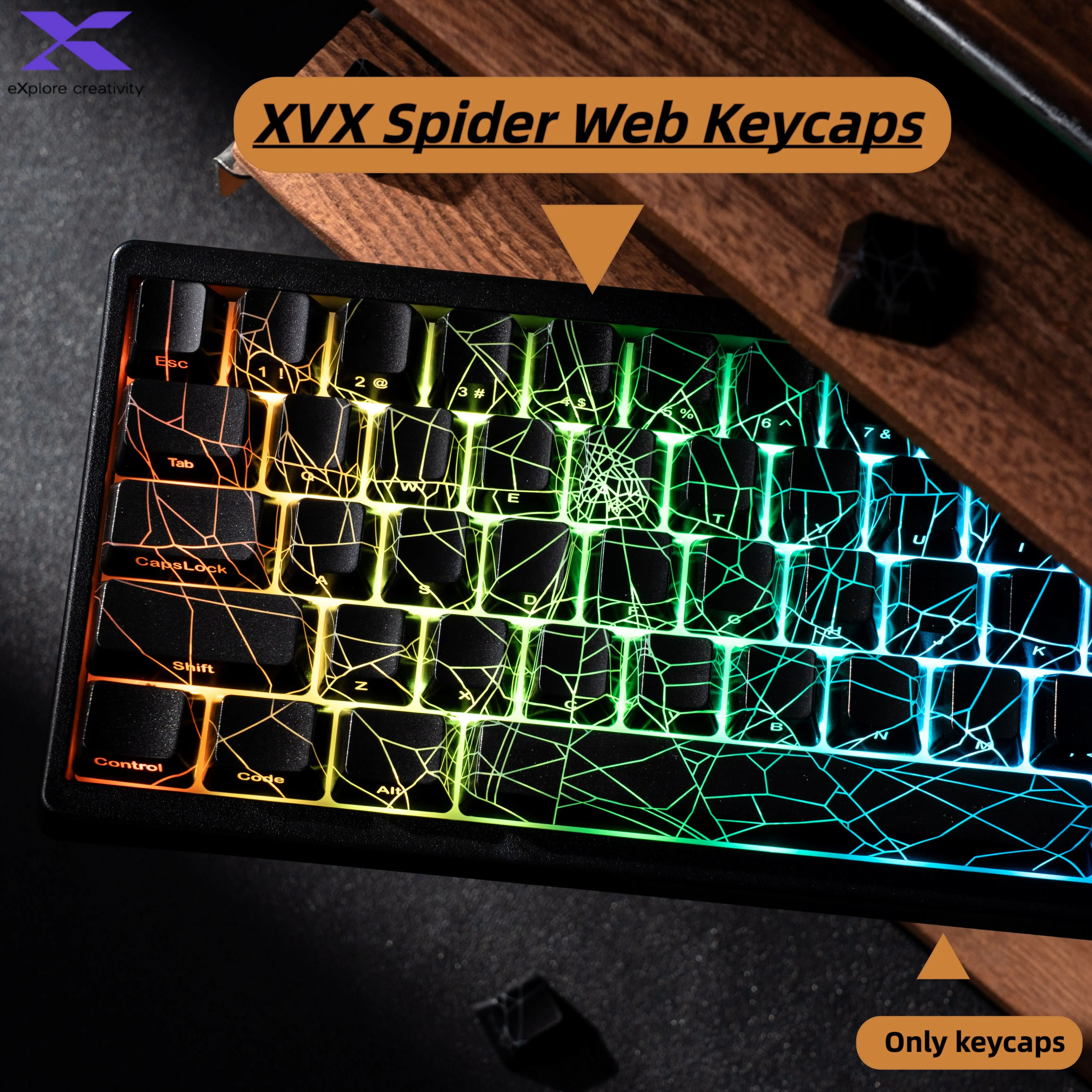 Teclas XVX Spider Web, perfil OEM brillante a través de IMD-Tech, juego de teclas, 118 teclas, retroiluminación negra (solo teclas)