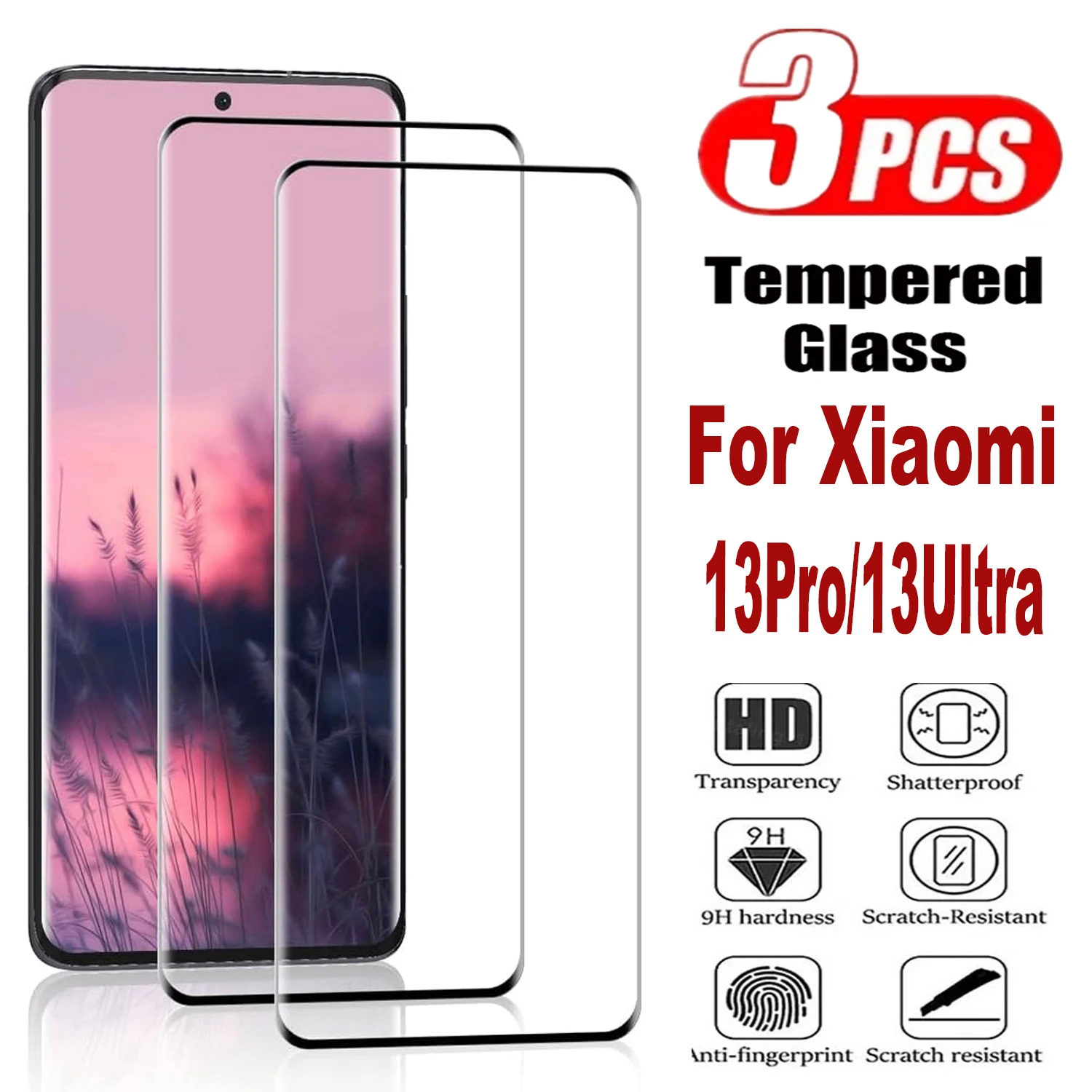 3 piezas de vidrio templado 9H para Xiaomi 13 Pro/13 Protector de pantalla curvo Ultra 3D