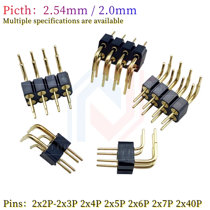 Pasadores redondos de doble punta chapados en oro con paso de 2,54 MM/2,0 MM, tipo de inserción curva de 90 grados, conector 2*2P, 2*3P, 2*4P, 2*5P-2*40P