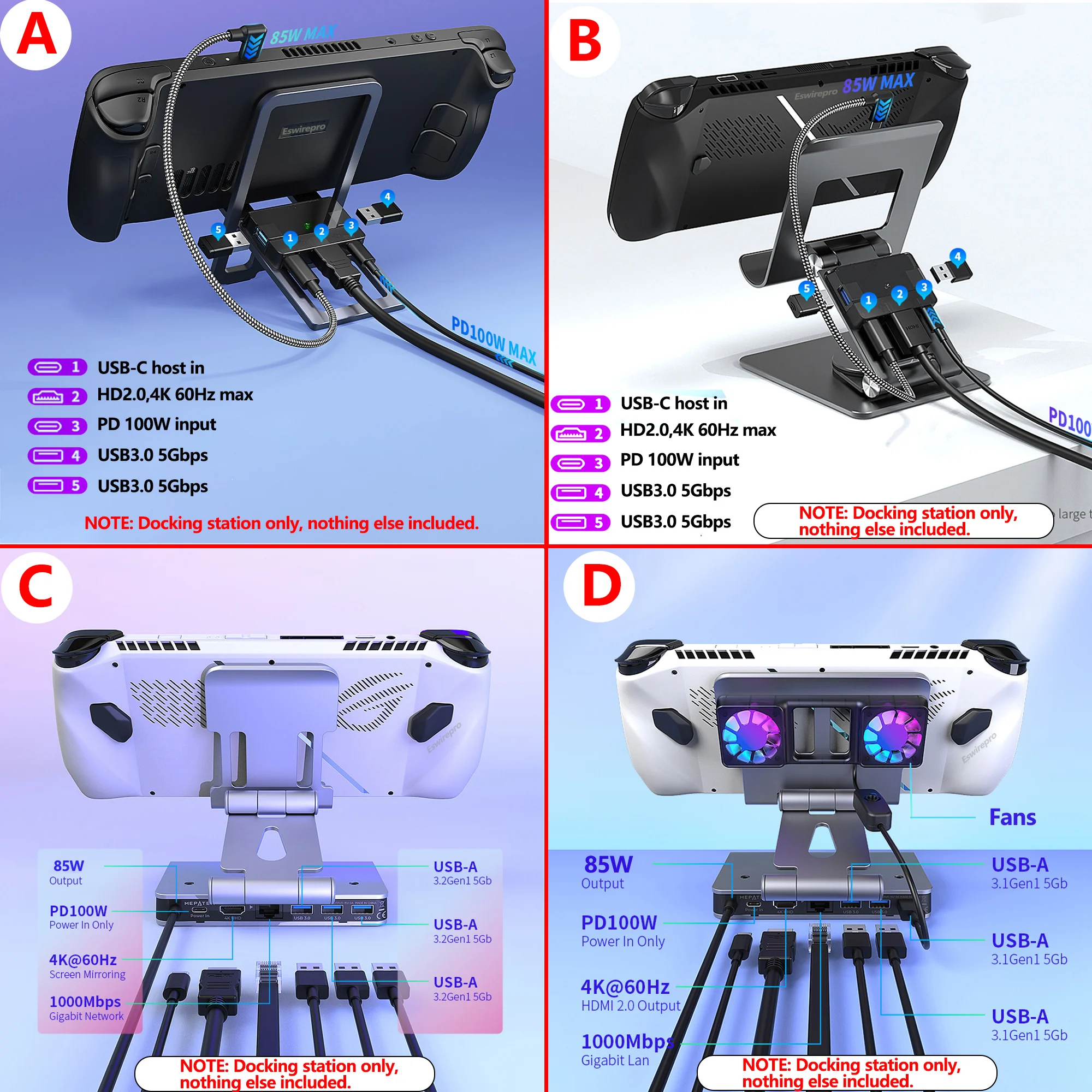 Estación de acoplamiento USB-C HUB para Nintendo Switch 2/OLED, ROG Ally, Steam Deck, LEGION Go 4K 60Hz PD100W Soporte para consola de juegos - imagen 3