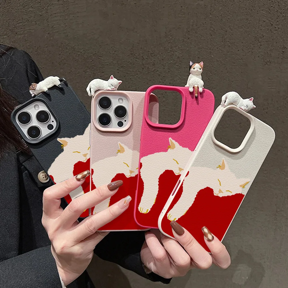 Funda de teléfono de cuero suave con bonito gato para iPhone 17 13 11 16 15 Pro Max 14 Plus 12 17 Air 17promax 16promax Funda a prueba de golpes - imagen 3