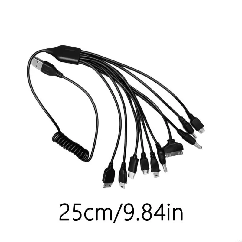 2025 Nuevo 10 en 1 Cable carga USB Conectores dispositivos múltiples cable resorte cable 54 negro