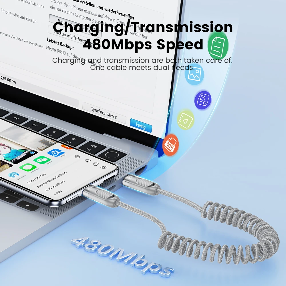 Toocki PD 60W USB C a USB C Cable de carga rápida tipo C Cable USB de resorte para coche para iPhone 17 16 15 Pro Max Xiaomi Samsung S23 SS24 - imagen 2