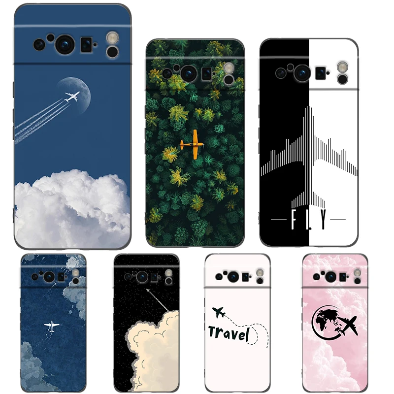 Funda de teléfono con patrón de avión para Google Pixel 10 9 8 7 6 Pro XL 9A 8A 6A 7A 5G, funda negra de TPU suave a prueba de golpes