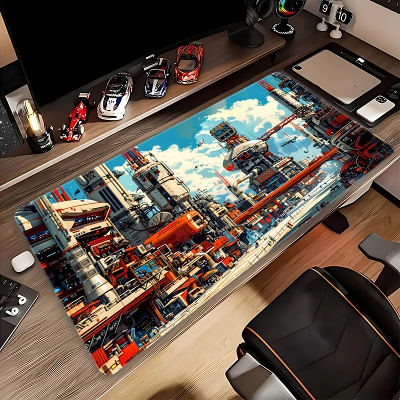 Alfombrilla de ratón con diseño de ciudad de máquina, accesorios de escritorio de PC antideslizantes de goma grande, alfombrilla de ratón para oficinas y teclado de jugador, alfombrilla decorativa