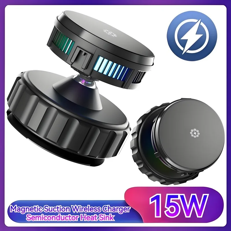Cargador inalámbrico magnético de 15W con ventosa, refrigeración semiconductora, iluminación RGB, funciona con todas las marcas, para coche/cocina/gimnasio