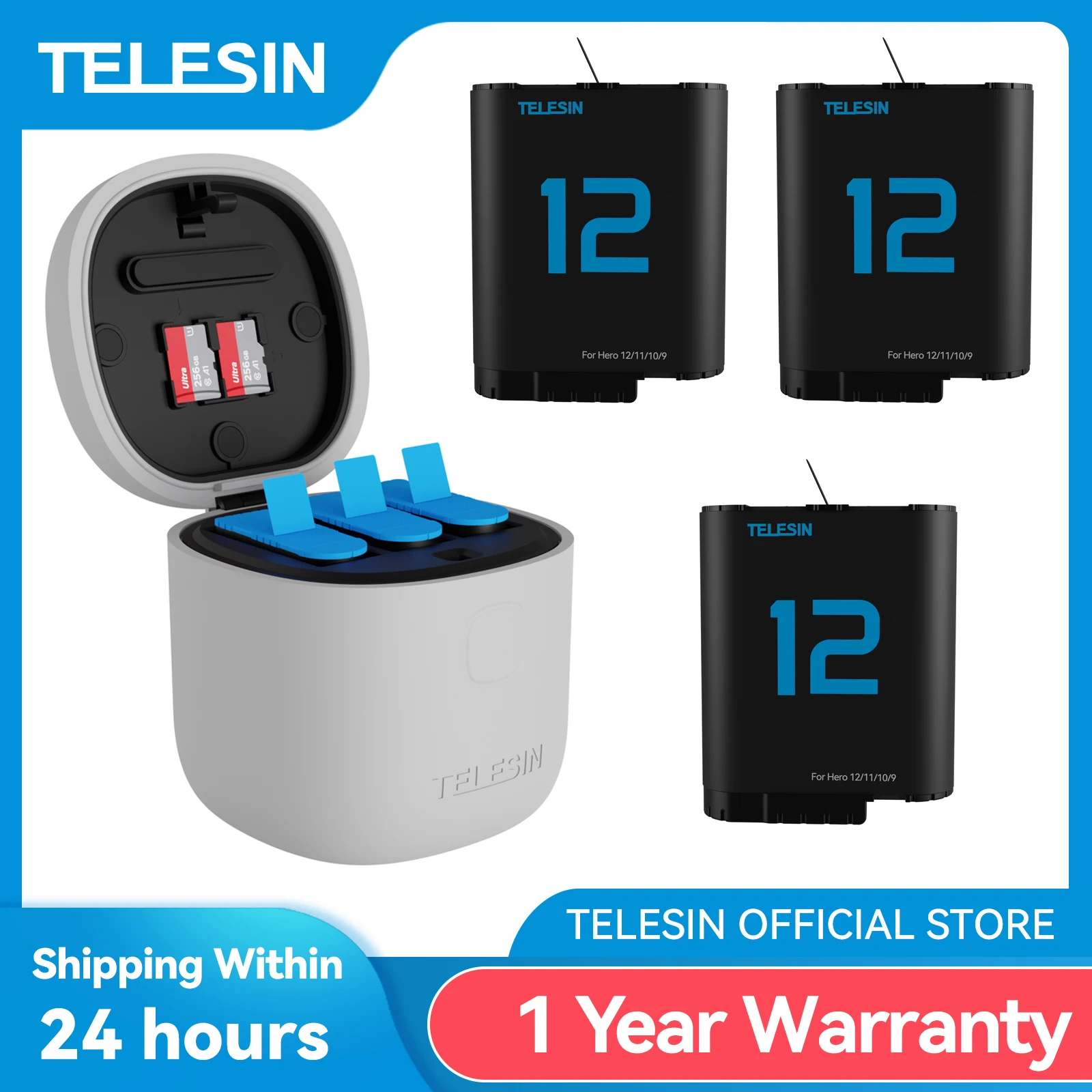 Batería TELESIN 1750mAh GoPro Hero 9 10 11 12 Carga Impermeable Anticaída Silicona 3 Ranuras Lector Tarjetas TF - Vista principal del producto
