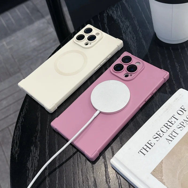 Funda magnética de carga inalámbrica con borde recto y cuadrado de ángulo recto Simple para iPhone 16 15 14 13 Pro Max, funda de silicona - imagen 3