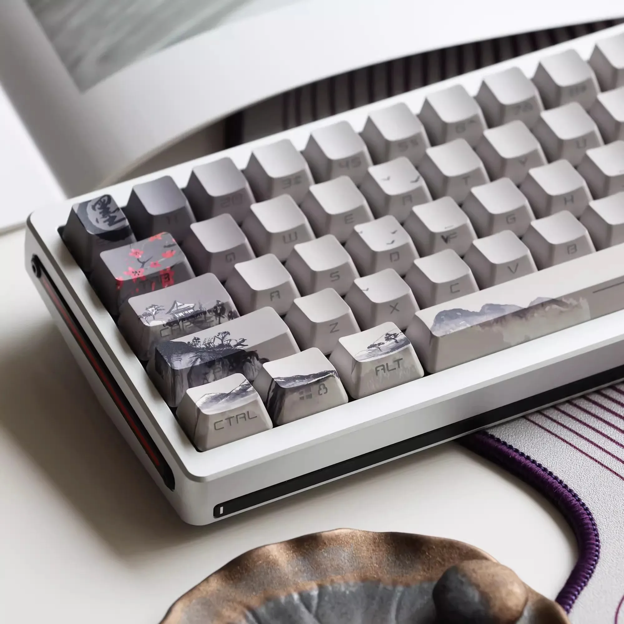 JKDK-teclas OEM translúcidas grabadas en el lado del paisaje de tinta, 68, 75, 84, 87, 98, 8,0, teclas de Teclado mecánico de madera