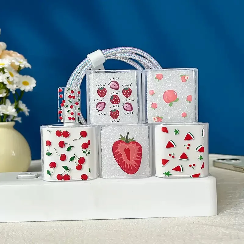 Protectores de cargador, funda de cargador Ins Fruit Peach, enrollador de Cable antirotura para cargador IP 18/20w para IPhone12 13 14