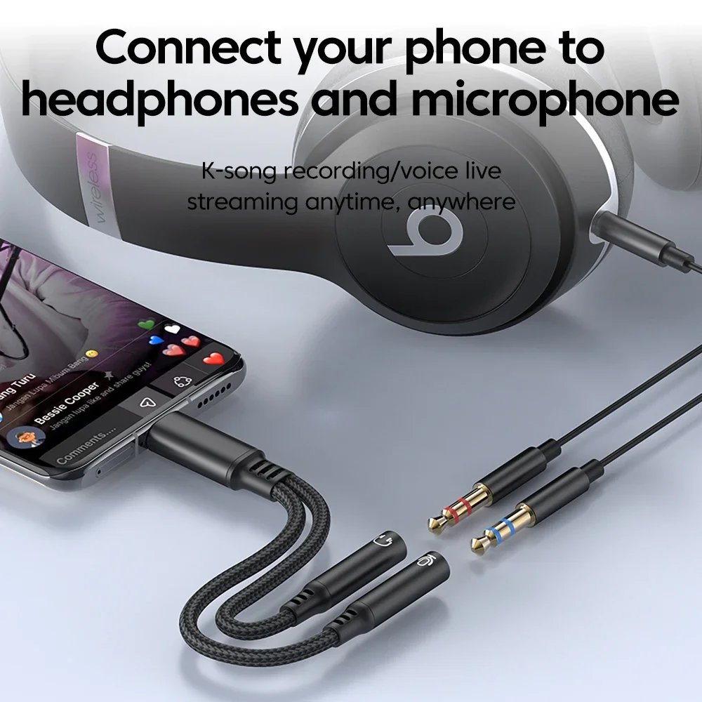 Cable de Audio tipo C macho a conector de 3,5 MM adaptador hembra Dual DAC 2 en 1 Cable divisor de micrófono de voz y música para iphone 15 16 - imagen 2