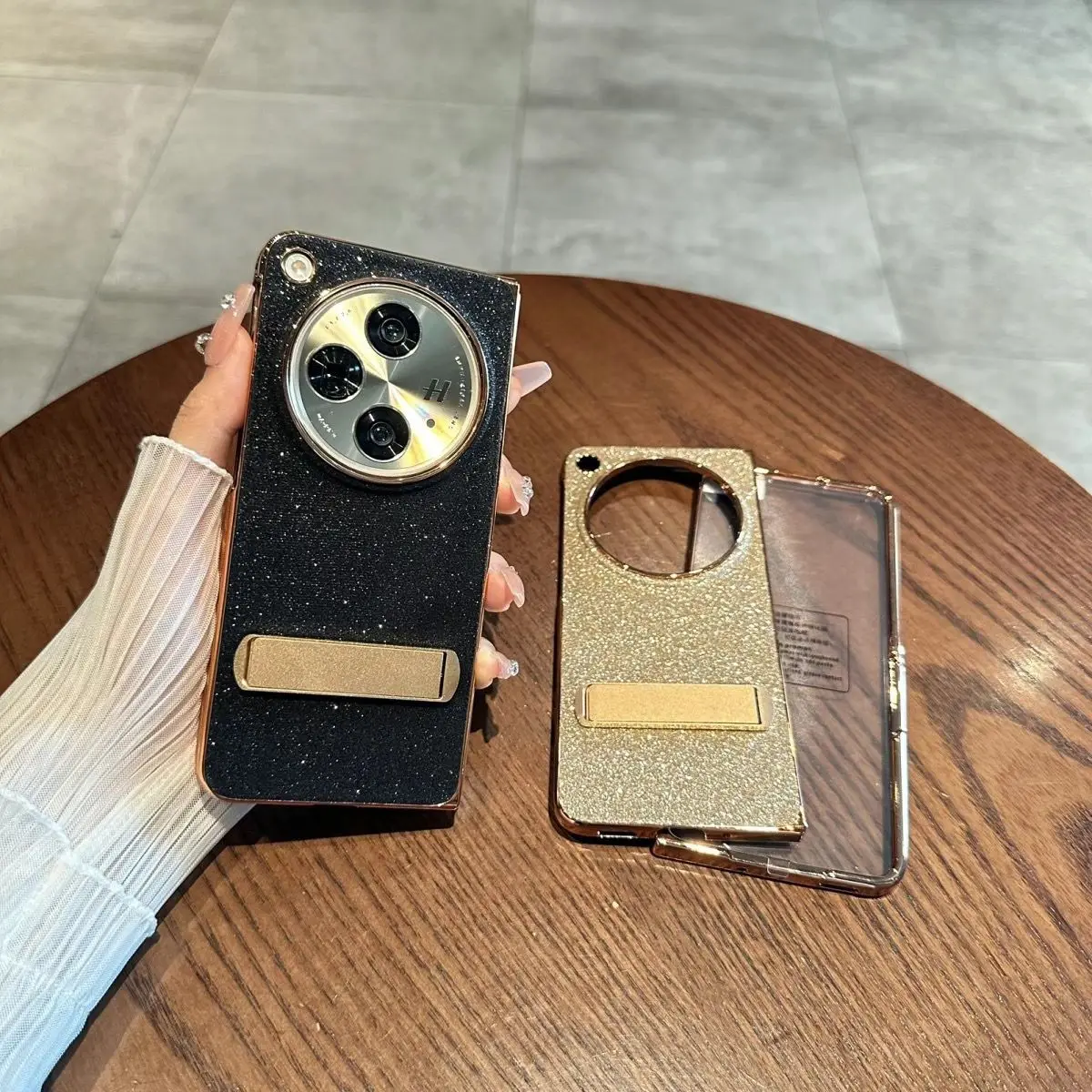 Funda protectora trasera para OPPO Find N3, carcasa completa para teléfono, carcasa dura de PC con purpurina y soporte, a la moda