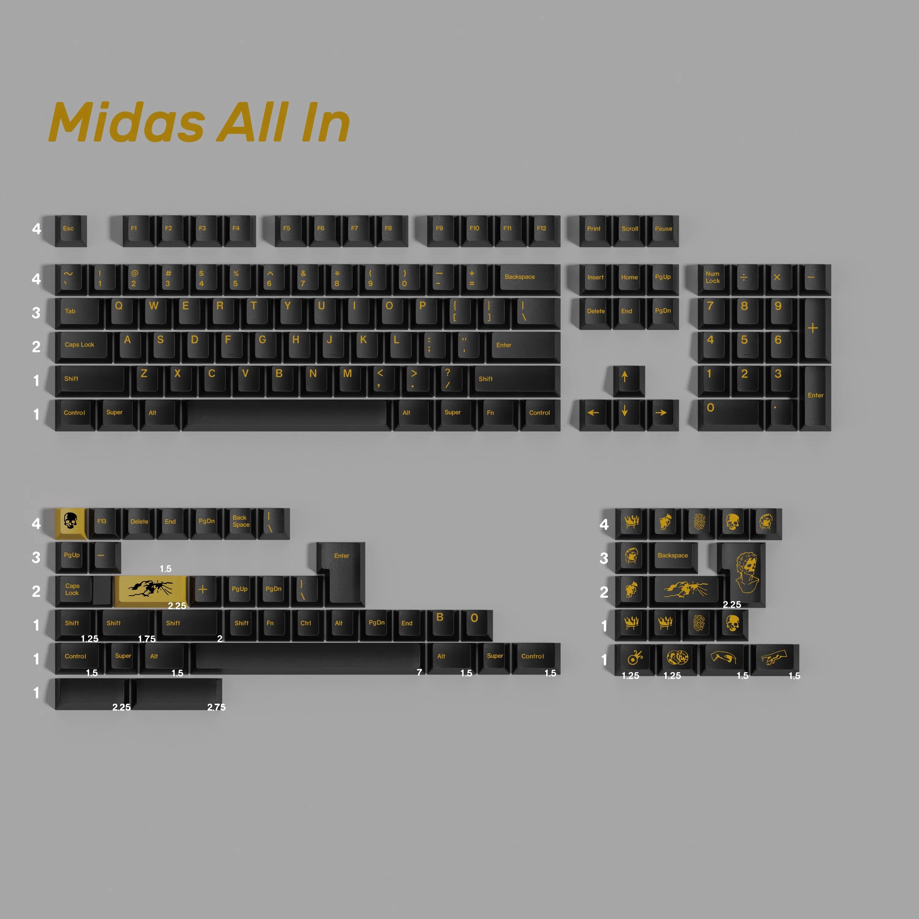 1 Juego de teclas KAP Midas PBT, 5 lados, subcama de tinte, teclas doradas y negras, perfil de cereza, teclas a prueba de luz para Alice Double B