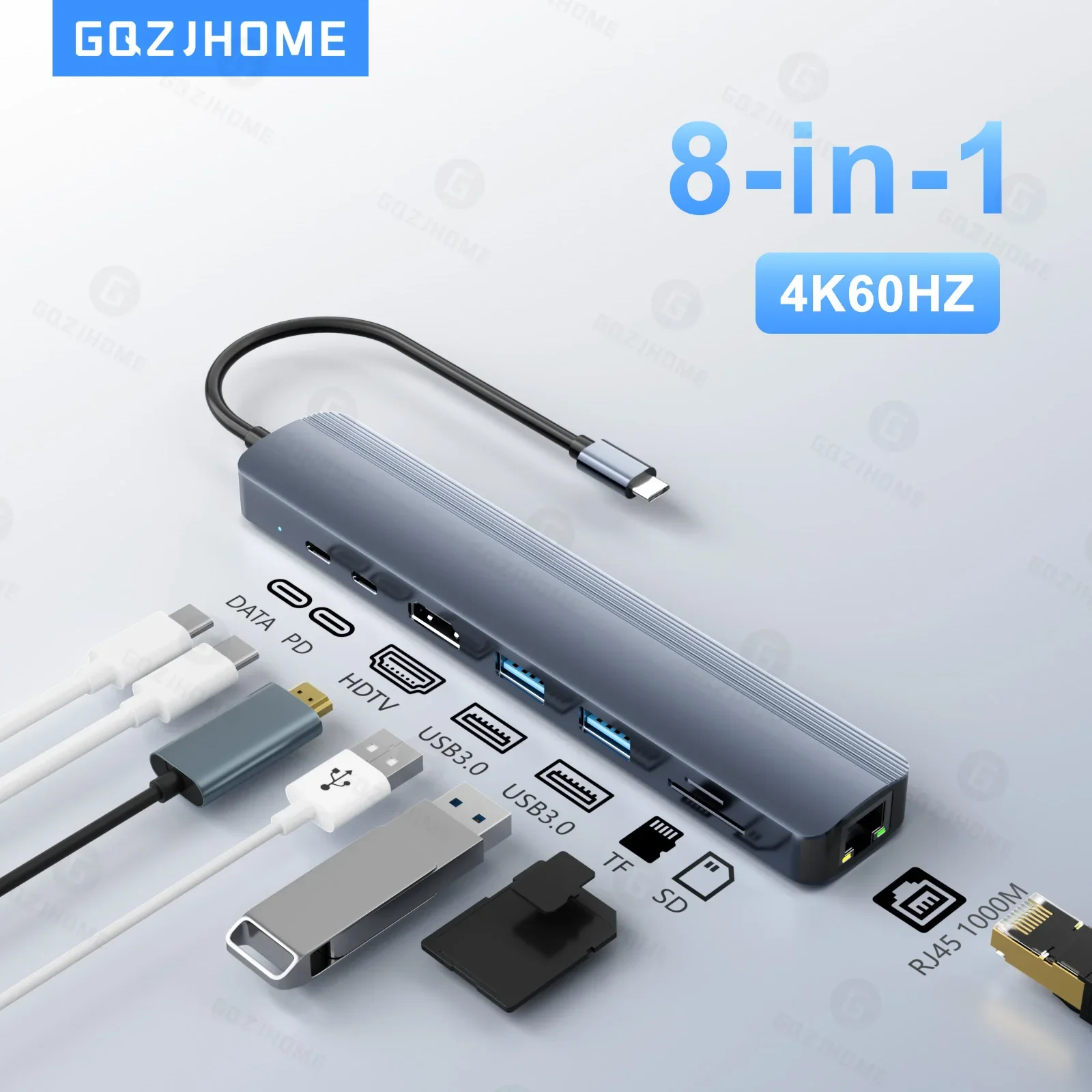 Hub USB C 8 en 1 con 4K 60Hz HDTV 1Gbps Ethernet 100W entrega de energía ranuras para tarjetas SD/TF USB 3,0*3 puertos de datos de 5Gpbs para MacBook