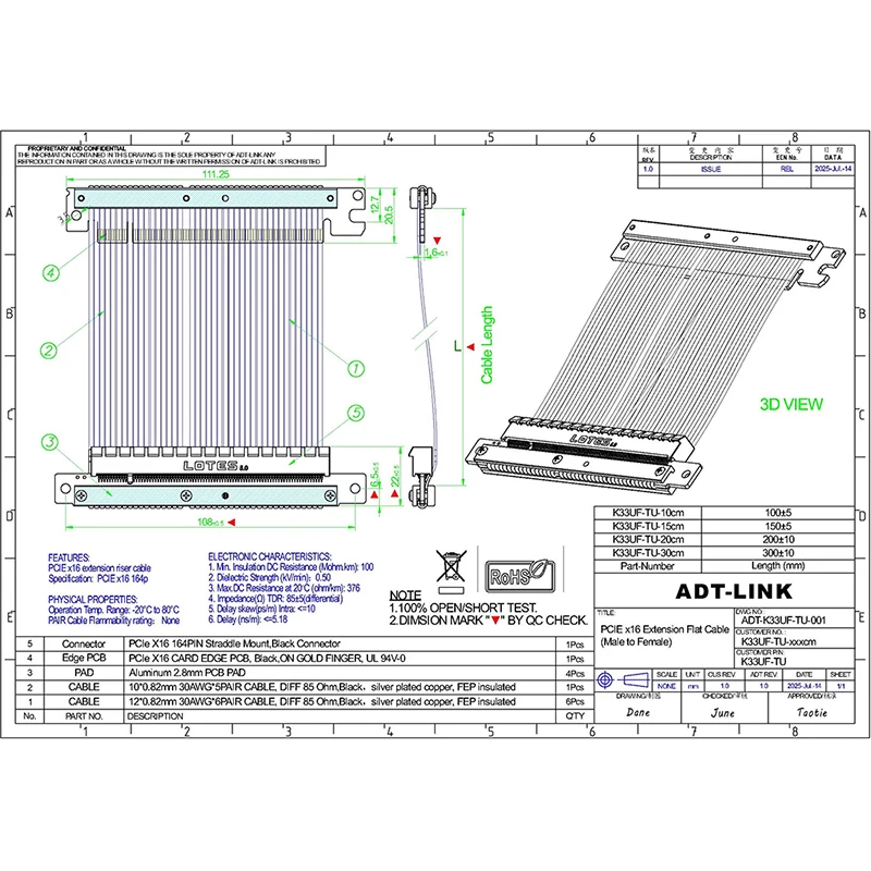 Cable de extensión de gráficos PCIe 5,0 x16 Gen5 Compatible con chasis A4 ITX para NVIDIA RTX50 para Cable de extensión GPU AMD RX90xx Series