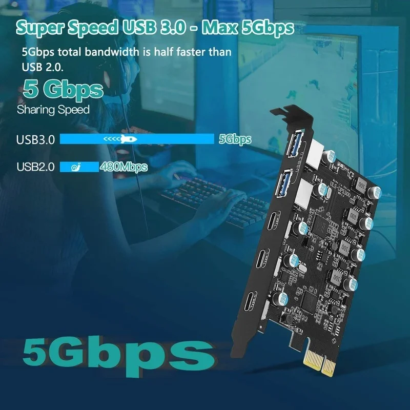 Tarjeta USB 3,0 PCIe X1 a USB con 5Gbps 5 puertos (2 USB A + 3 tipo C) Chip FL1100 Adaptador convertidor expansión PCIE Splitter USB3