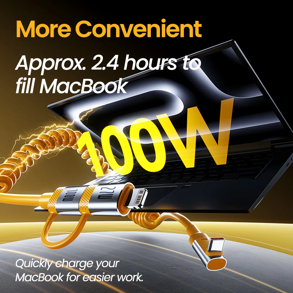 Cable de carga rápida con resorte 2 en 1 6A 100W 90 ° Cable de resorte de codo C a C para Samsung Huawei Xiaomi iPhone 16 15 Cable de cargador de coche - imagen 3