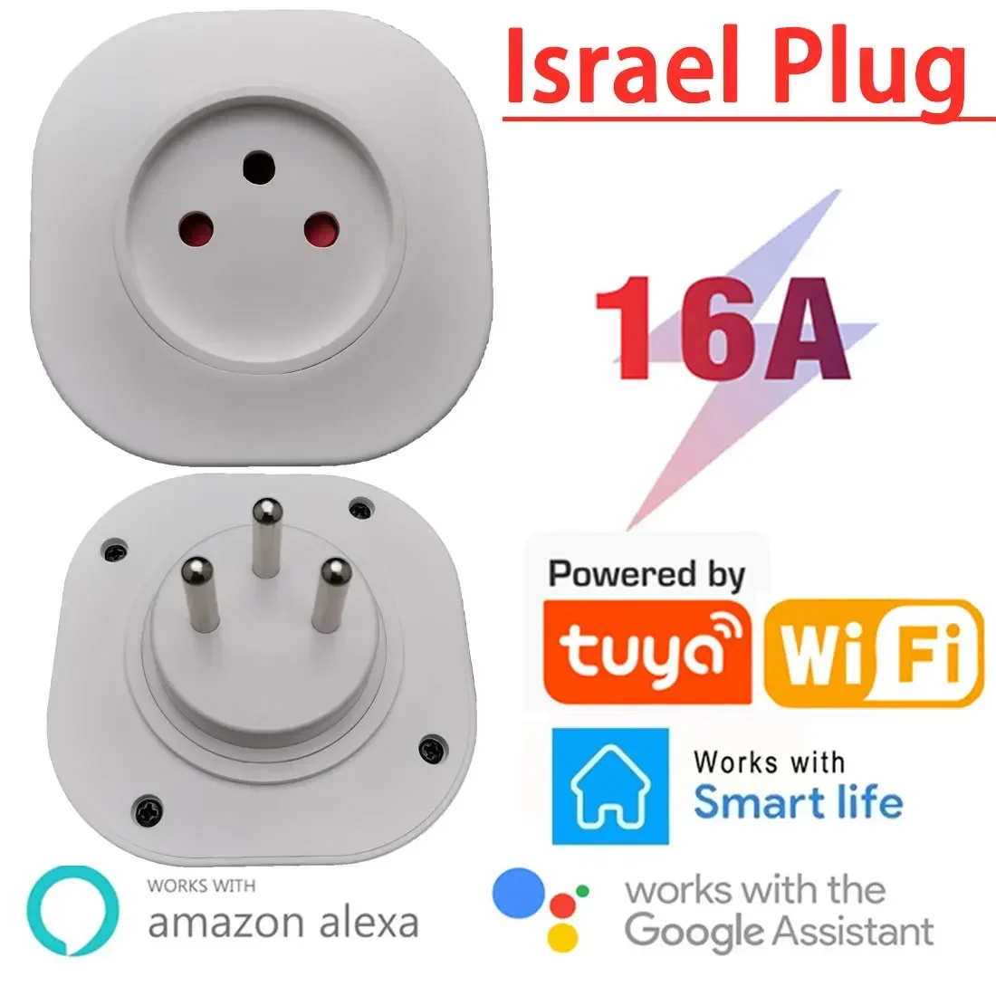 Enchufe inteligente WiFi 16A, enchufe de alimentación de Israel, aplicación Tuya, hogar inteligente para Alexa, asistente de Google Home, función de sincronización de Control de voz